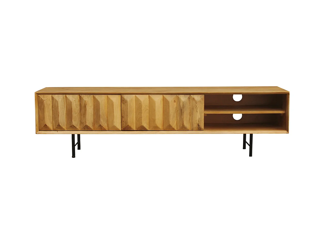Meuble TV en bois clair manguier massif gravé L160 cm AGRA