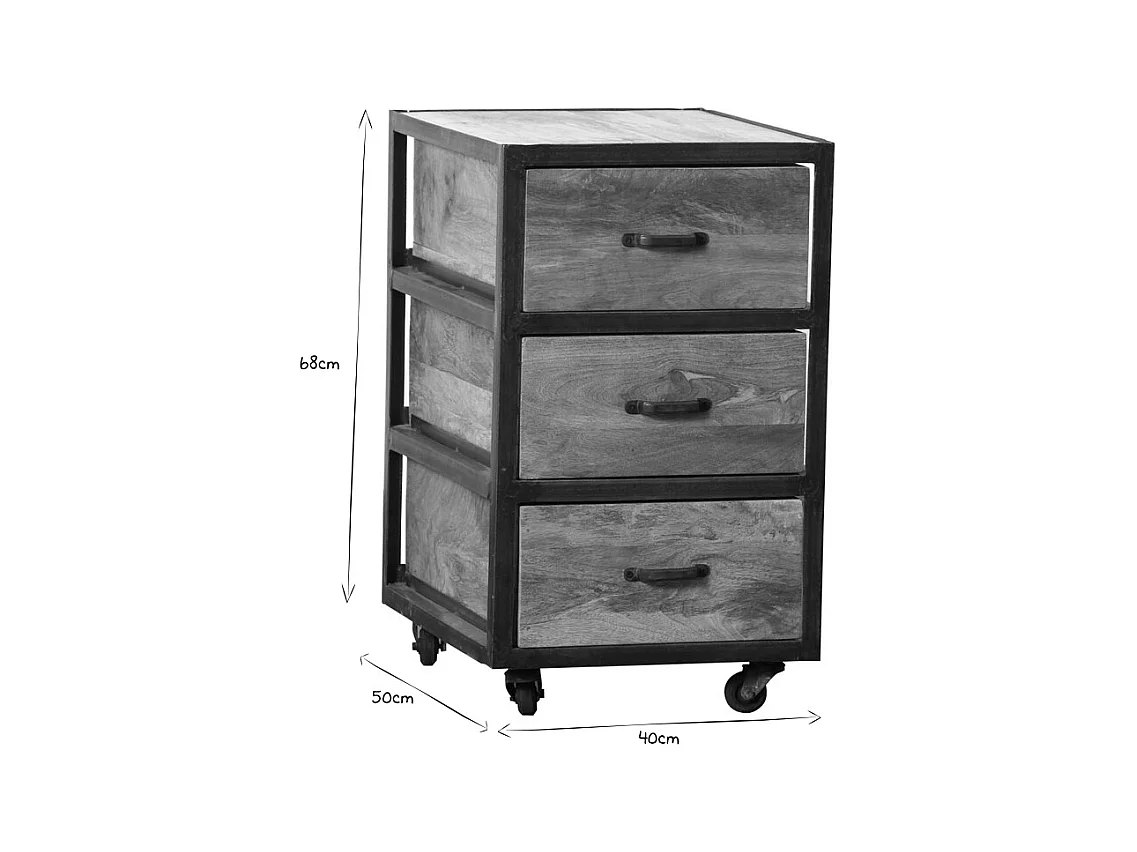 Caisson de bureau à roulettes 3 tiroirs industriel bois massif et métal noir INDUSTRIA