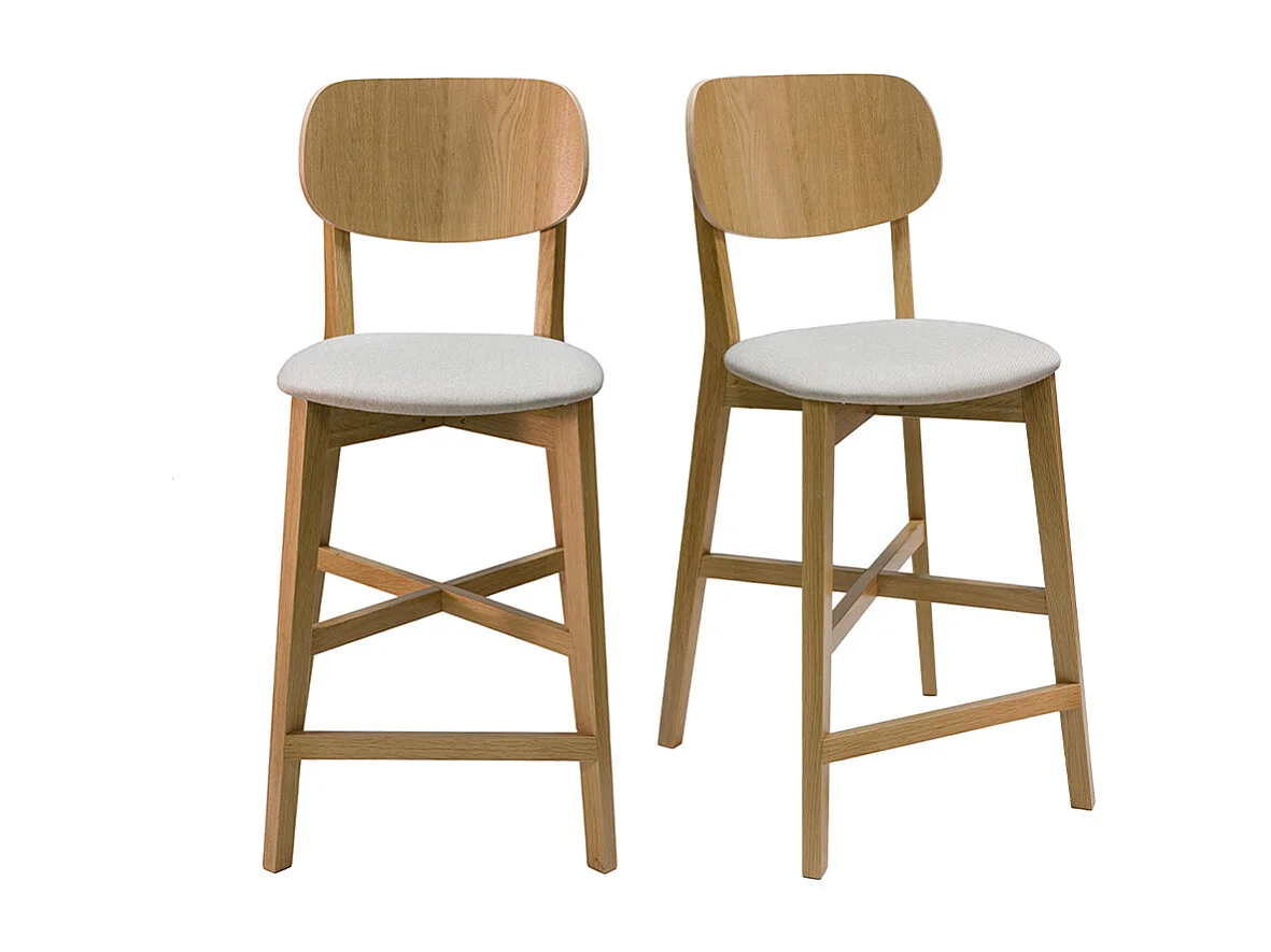 Set de 2 taburetes de cocina de madera de roble clara y tejido beige 65 cm LUCIA