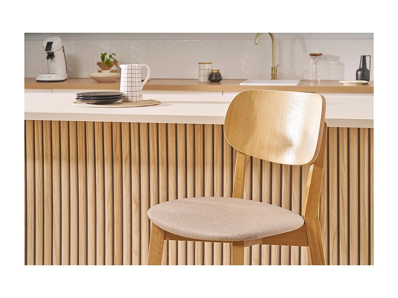 Set de 2 taburetes de cocina de madera de roble clara y tejido beige 65 cm LUCIA