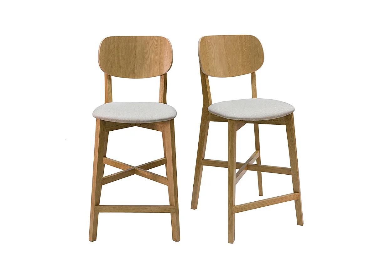 Tabourets de bar en bois clair chêne et tissu beige H65 cm (lot de 2) LUCIA