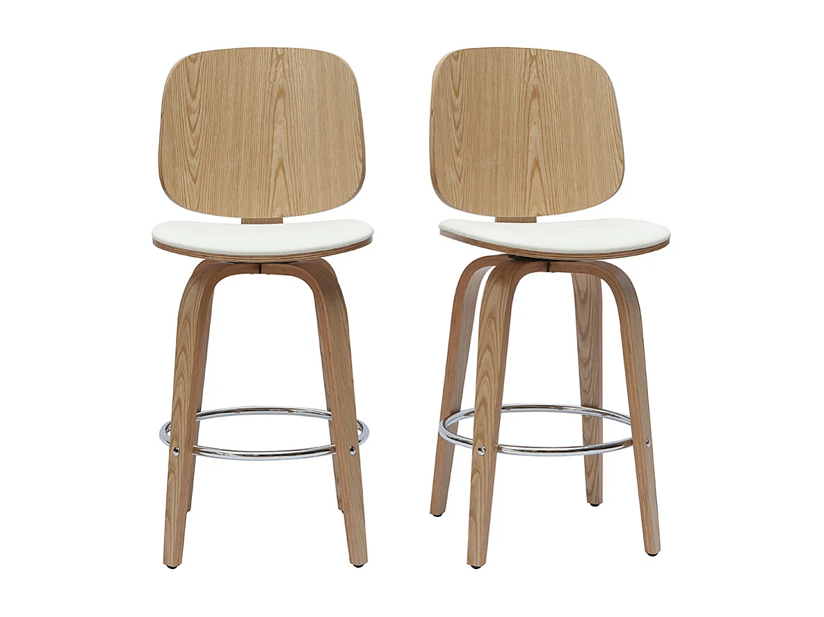 Set de 2 taburetes de cocina giratorios de diseño blanco y madera clara 66 cm BECK