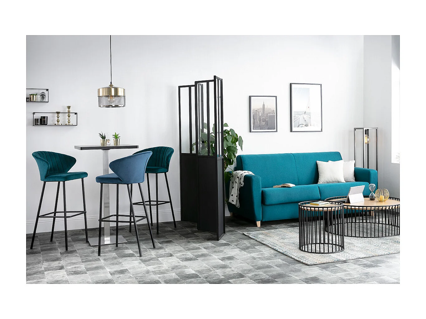 Tabouret de bar design en tissu velours gaufré bleu canard H78 cm DALLY