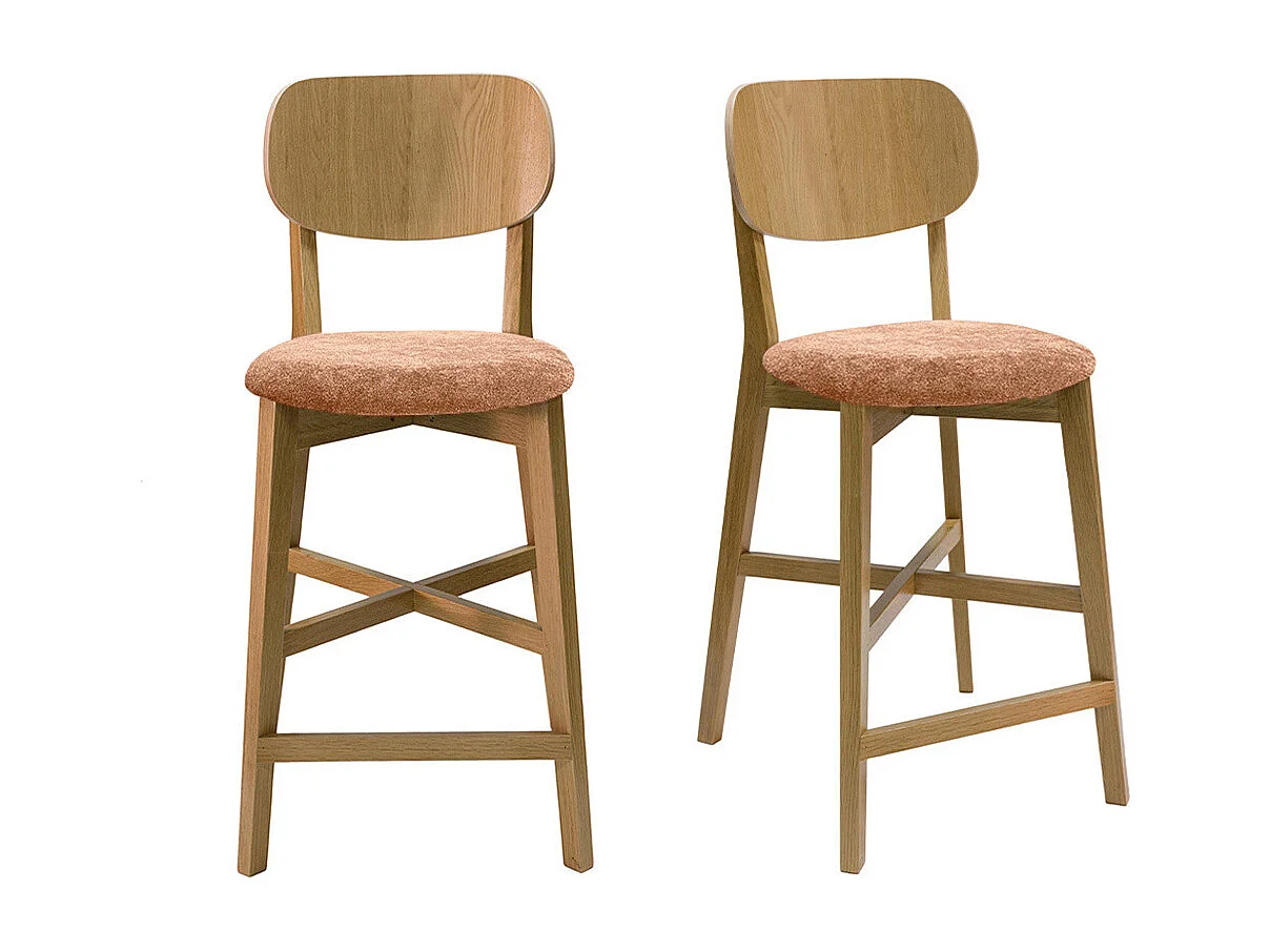Tabourets de bar en bois clair chêne et tissu effet velours terre brûlée H65 cm (lot de 2) LUCIA