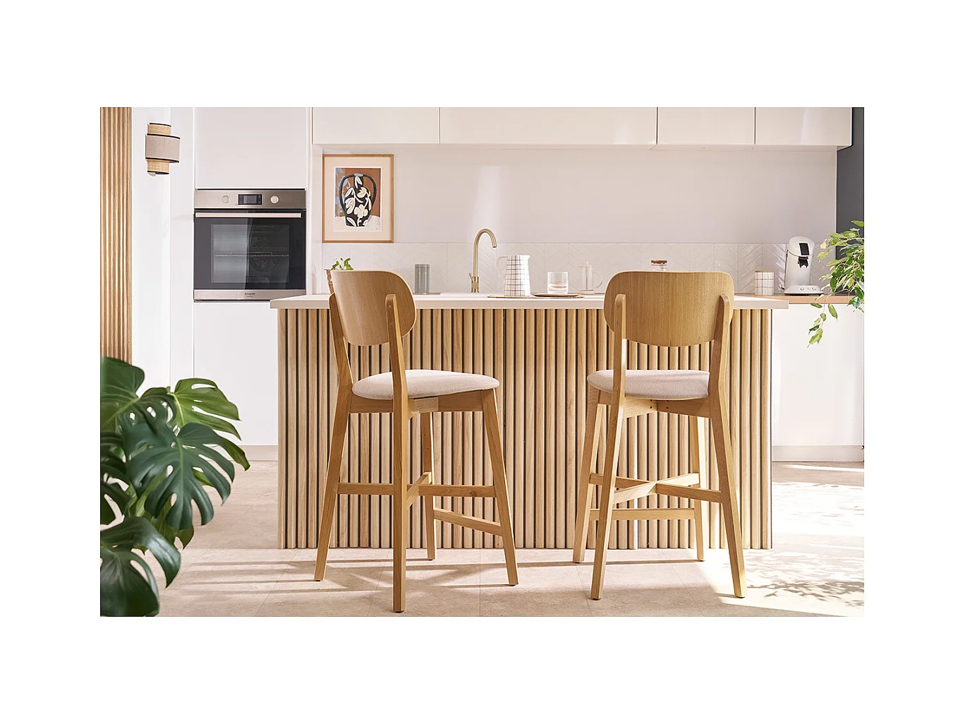 Sgabelli da bar in legno chiaro rovere e tessuto effetto velluto color terracotta H65 cm (set di 2) LUCIA