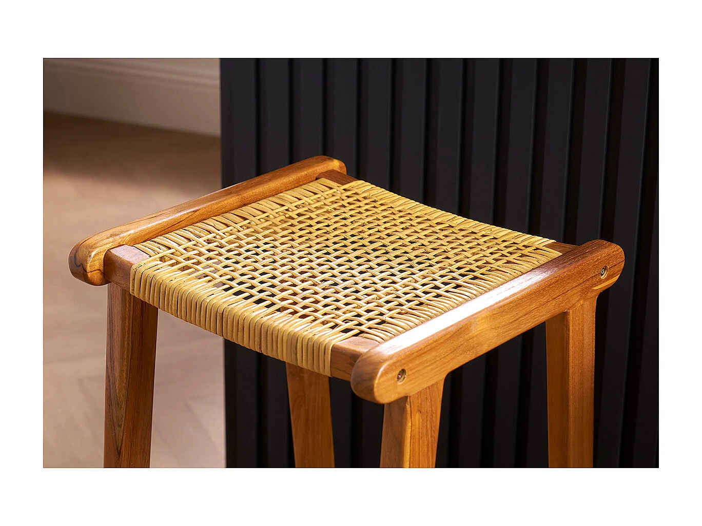 Set de 2 taburetes de cocina étnicos de madera maciza de teca y caña de ratán 65 cm GAWA