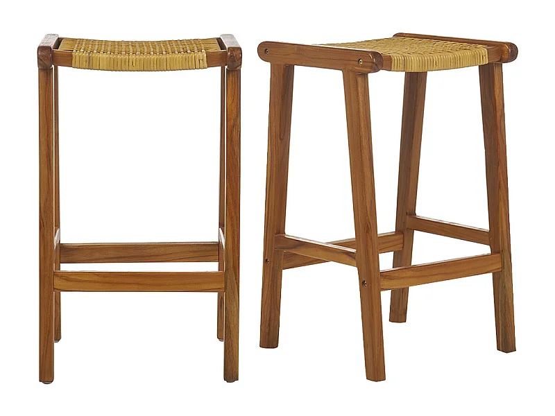 Tabourets de bar ethniques en bois teck massif et cannage rotin H65 cm (lot de 2) GAWA