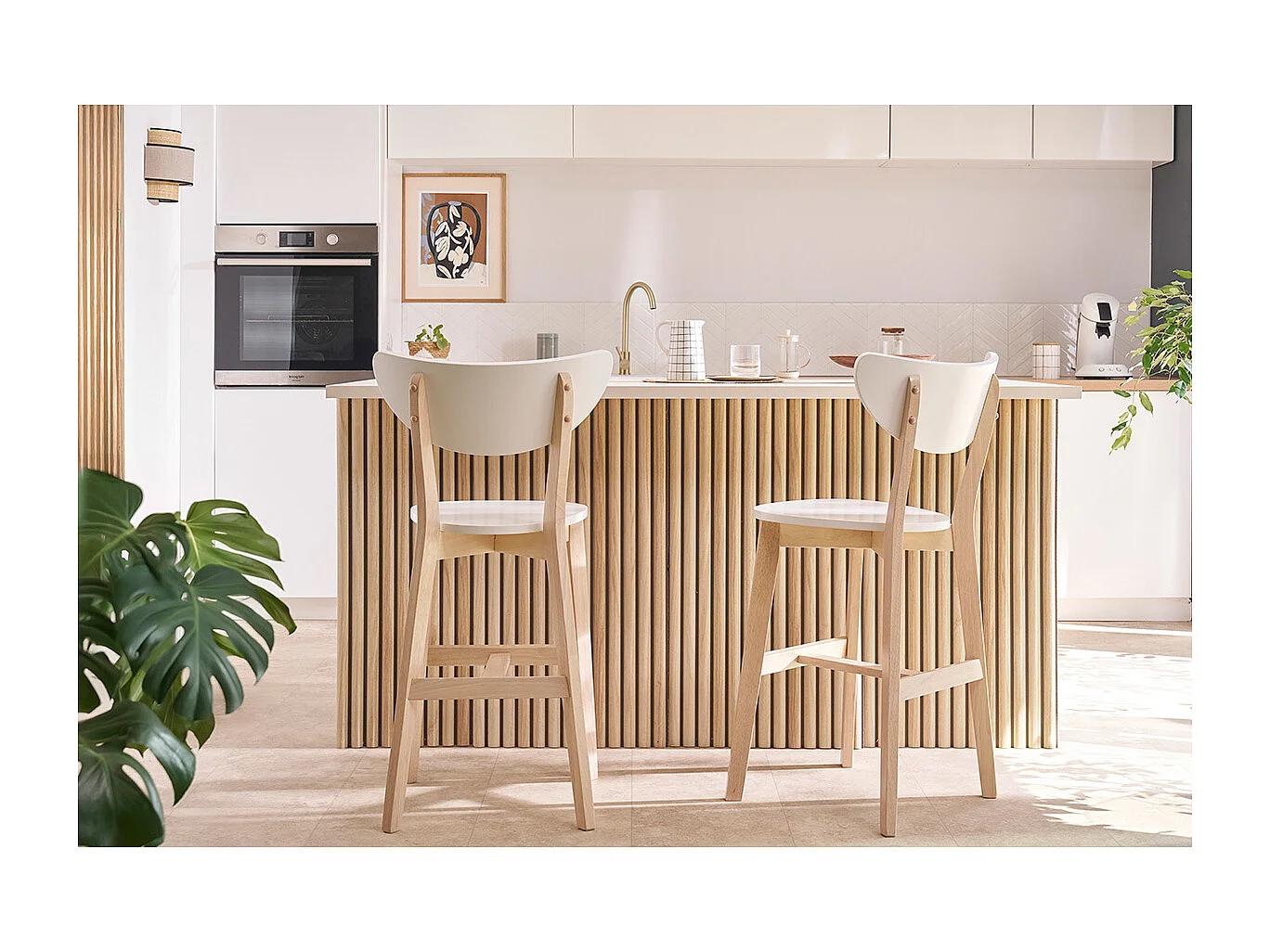 Tabourets de bar scandinaves blanc et bois H65 cm (lot de 2) LEENA