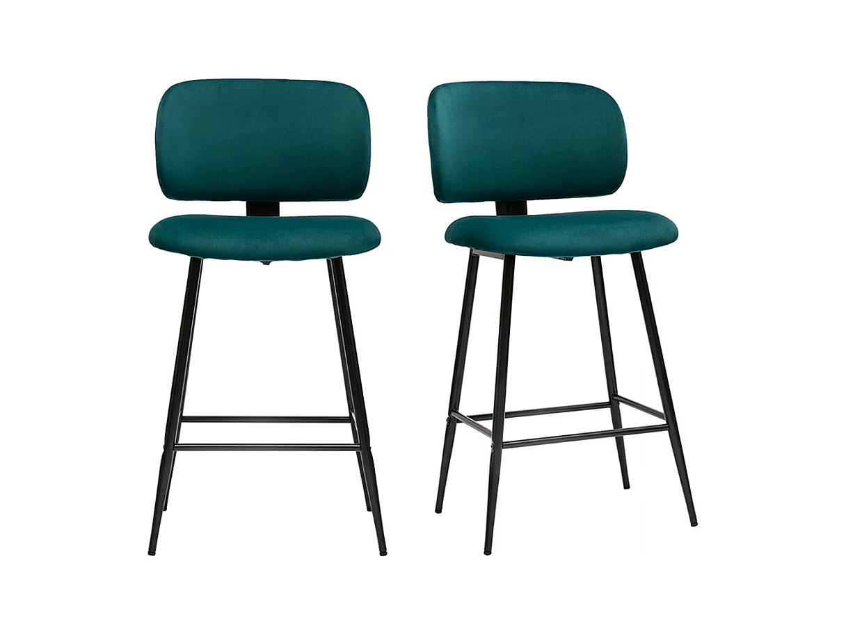 Tabourets de bar en tissu velours bleu pétrole et métal noir H70 cm (lot de 2) ATRIUM