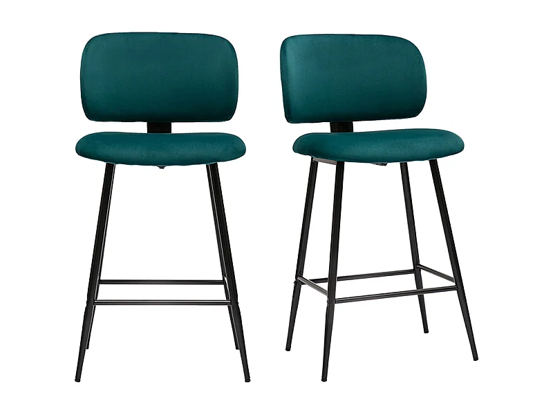 Tabourets de bar en tissu velours bleu pétrole et métal noir H70 cm (lot de 2) ATRIUM