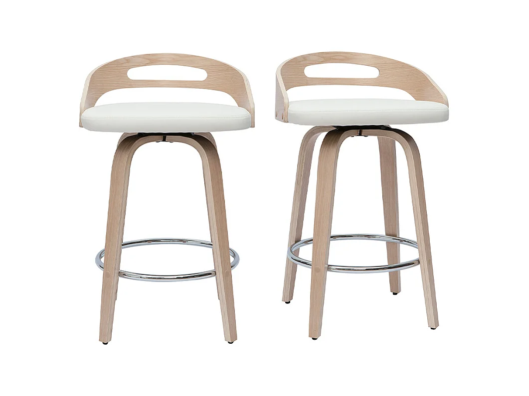 Tabourets de bar design bois clair et polyuréthane blanc 65cm pivotant 360° (lot de 2) MANO