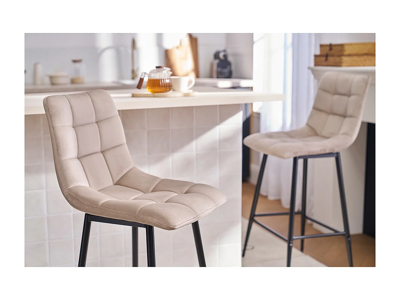 Set de 2 taburetes de cocina de diseño de terciopelo topo 65 cm MAXWELL