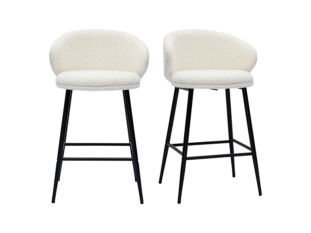 Tabourets de bar design en tissu effet laine bouclée blanc cassé et métal noir H86 cm (lot de 2) ROSALIE