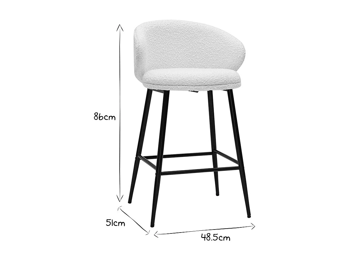 Barhocker aus Stoff mit Bouclé-Wolleffekt in Ecru und schwarzem Metall (2er-Set) ROSALIE