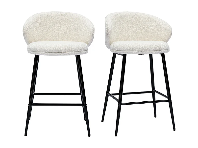 Tabourets de bar design en tissu effet laine bouclée blanc cassé et métal noir H86 cm (lot de 2) ROSALIE