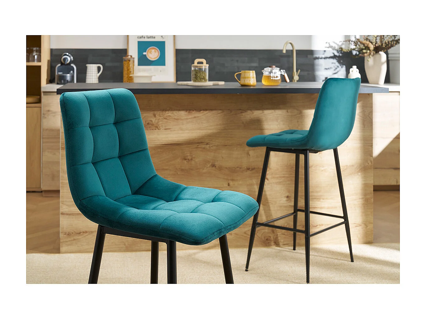 Set de 2 taburetes de cocina de diseño de terciopelo azul petróleo 65 cm MAXWELL