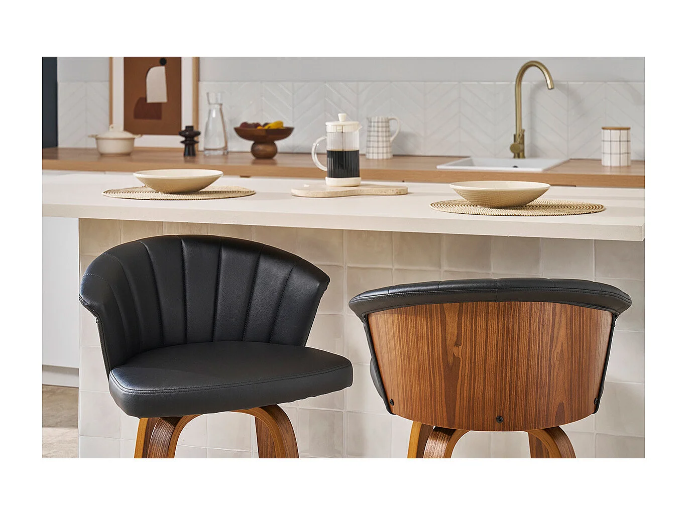 Taburete de bar moderno giratorio negro y madera oscura A65cm ALBIN