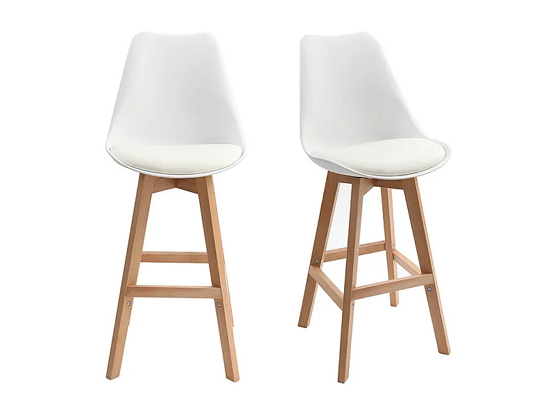 Tabourets de bar design blanc et bois H65 cm (lot de 2) PAULINE