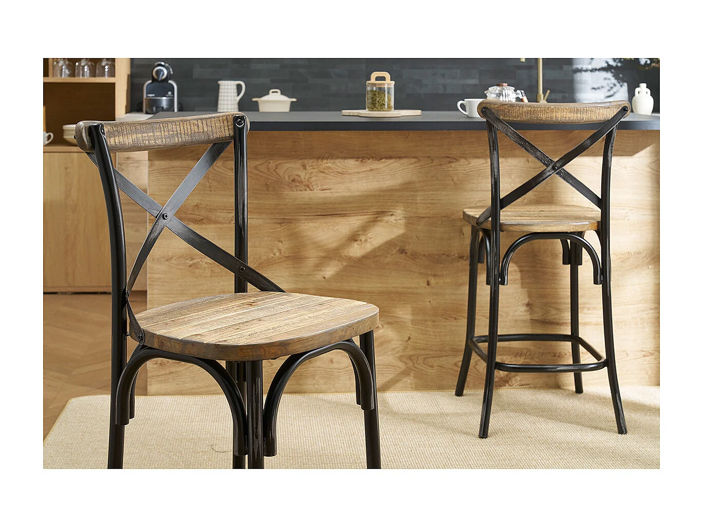 Taburete de bar industrial en madera y metal envejecido negro 65 cm JAKE