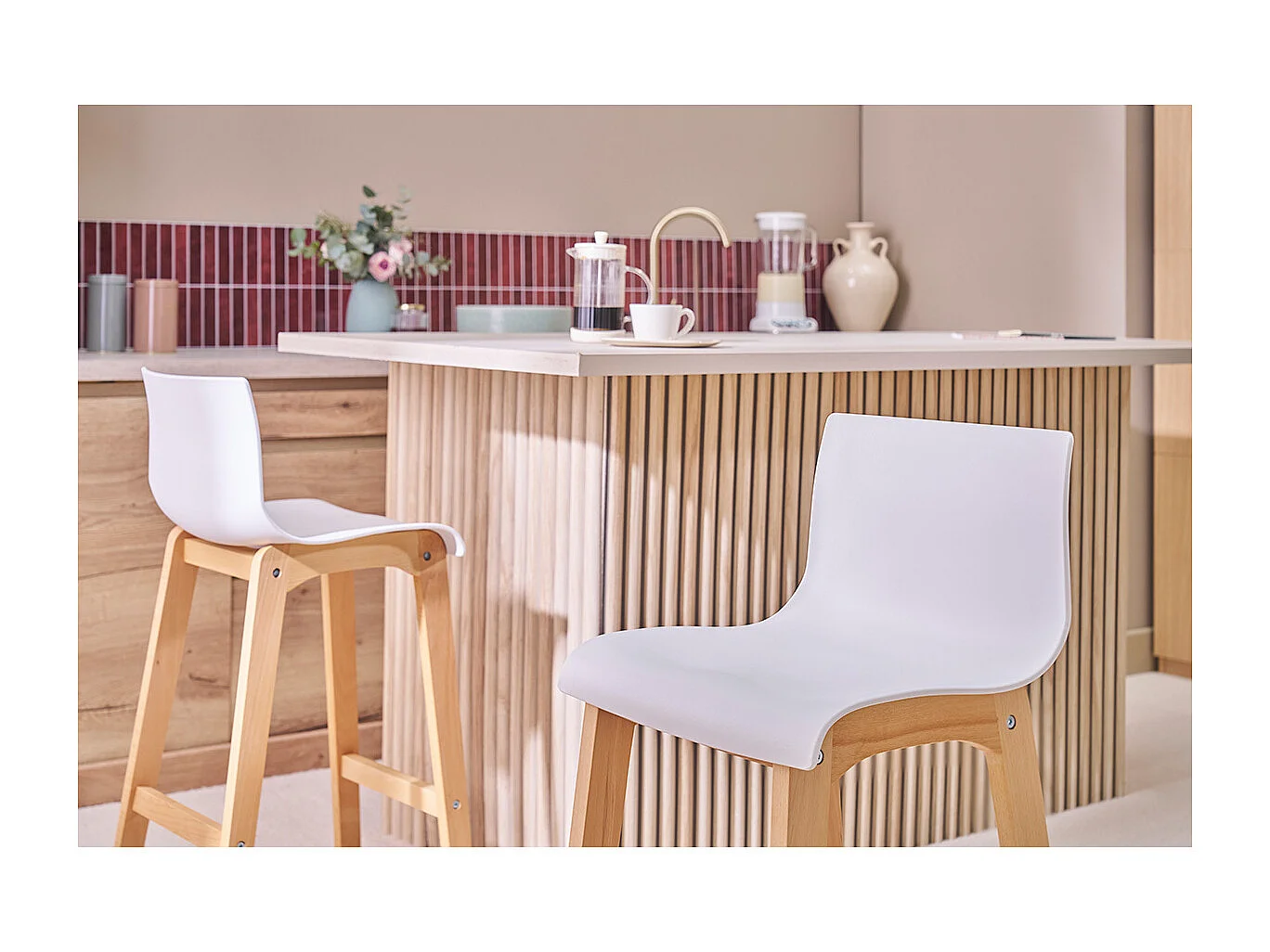 Taburete de bar diseño madera y blanco 65cm lote de 2 NEW SURF