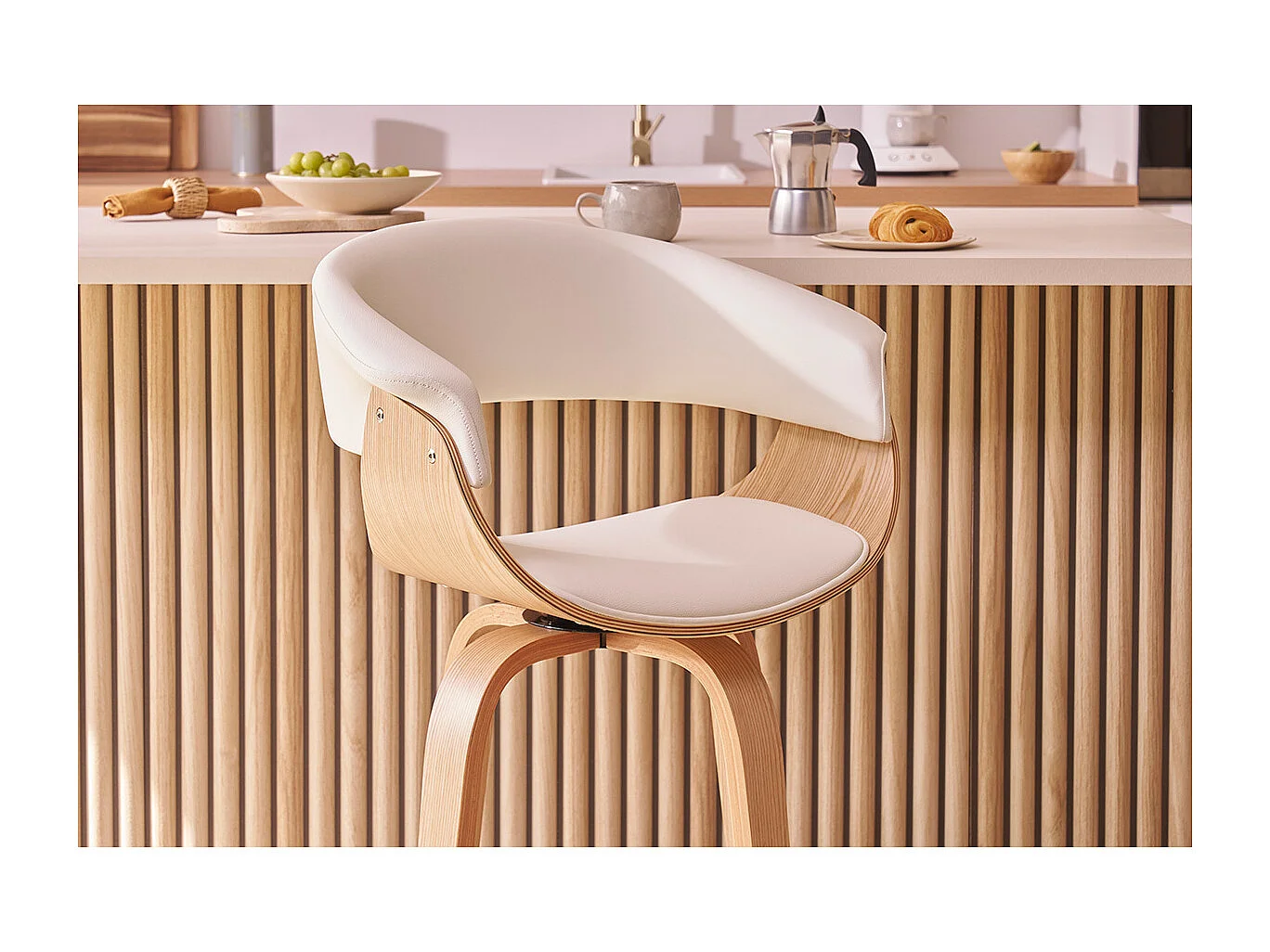 Design-Barhocker drehbar weiß mit hellem Holz  H 67 cm OKTAV