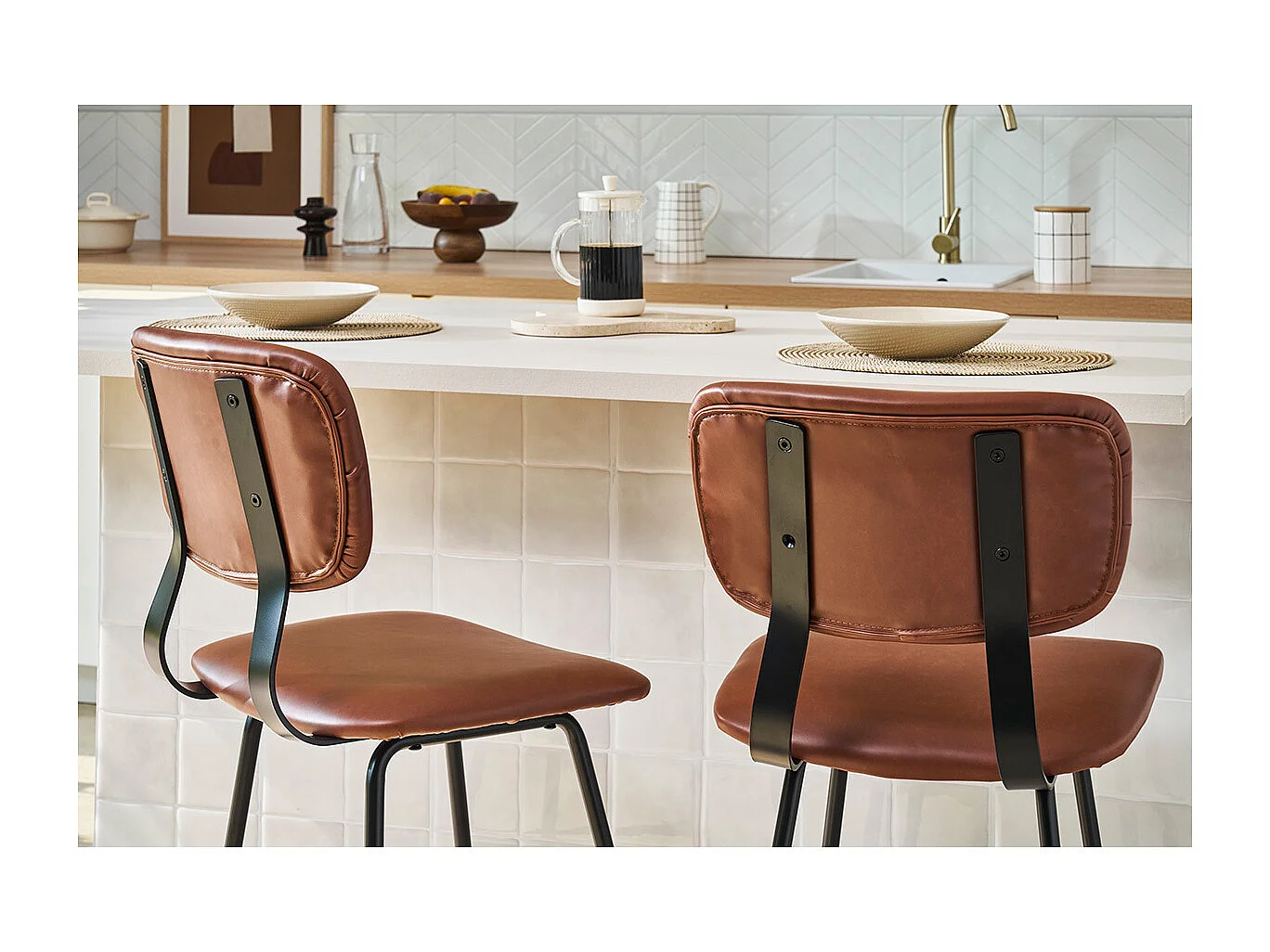 Tabourets de bar vintage marron clair avec pieds métal 65 cm (lot de 2) LAB