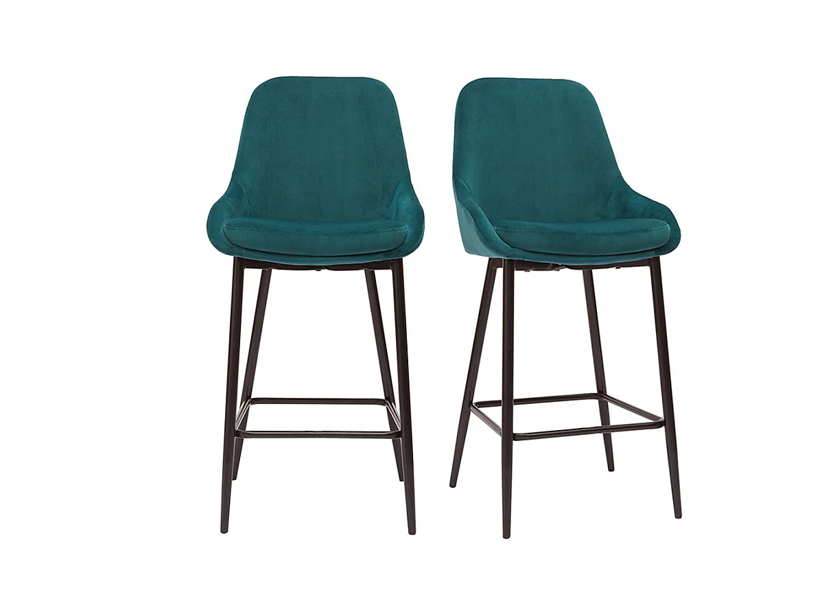 Set de 2 taburetes de cocina de terciopelo azul petróleo y metal negro 65 cm de altura HOLO