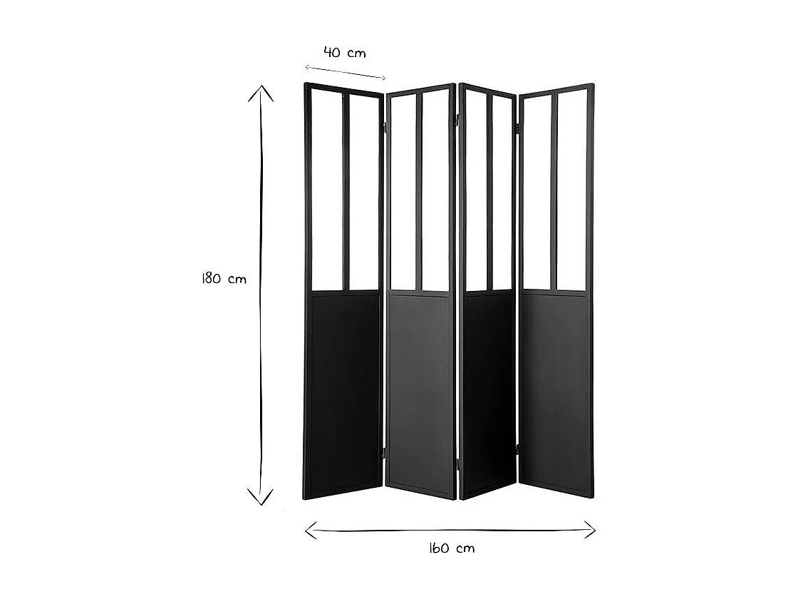 Paravent 4 Flügel aus Metall Schwarz und Glas RACK