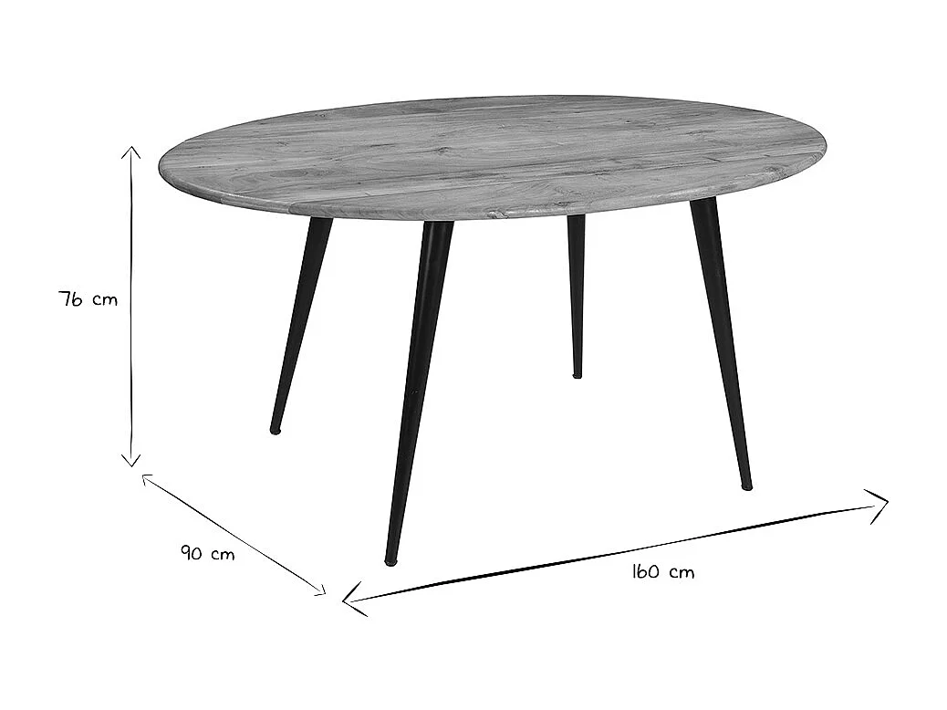 Table à manger ovale en bois massif et métal noir L160 cm OBALI