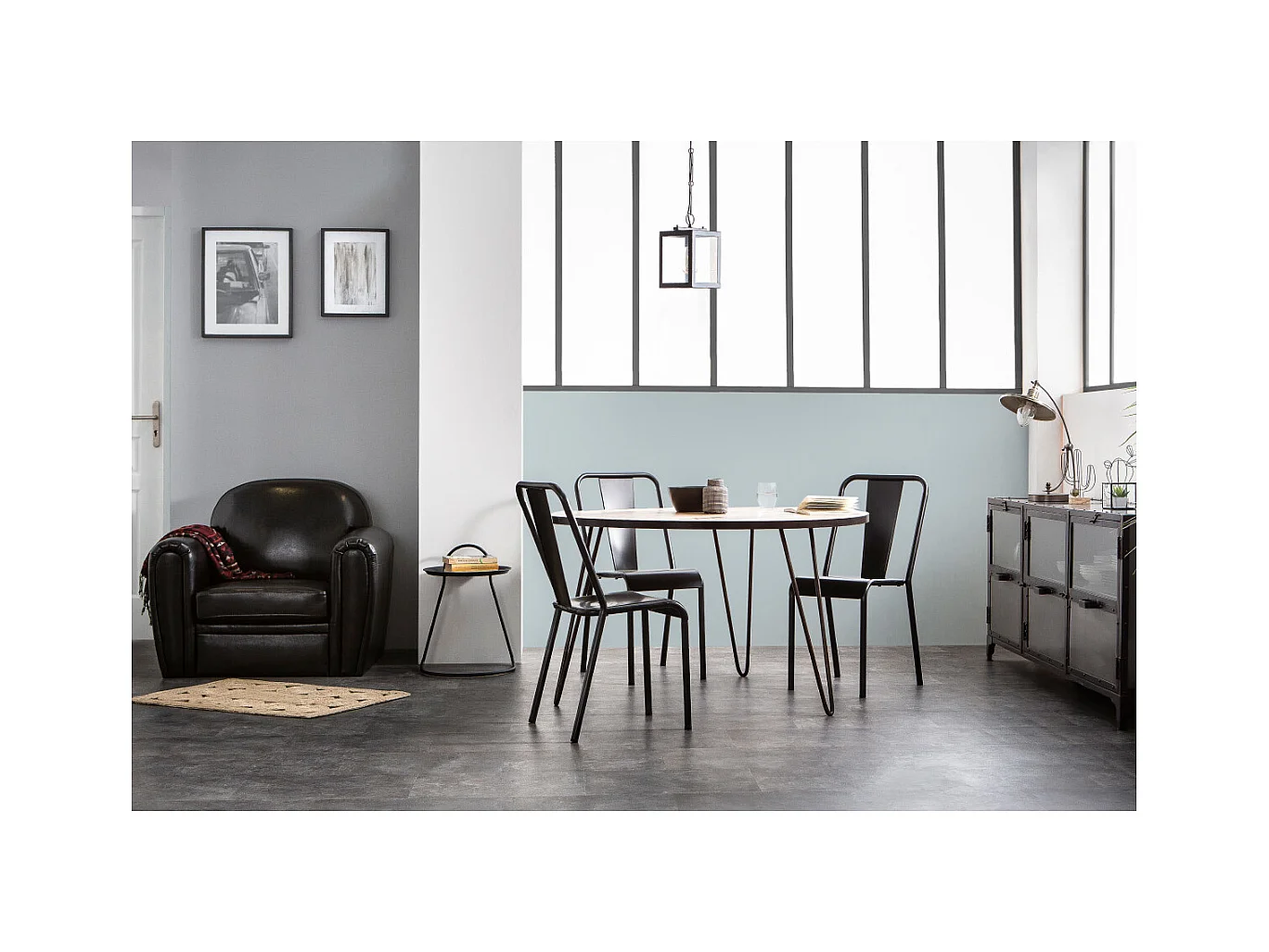Table à manger ronde industrielle bois manguier massif et métal D125 cm ATELIER