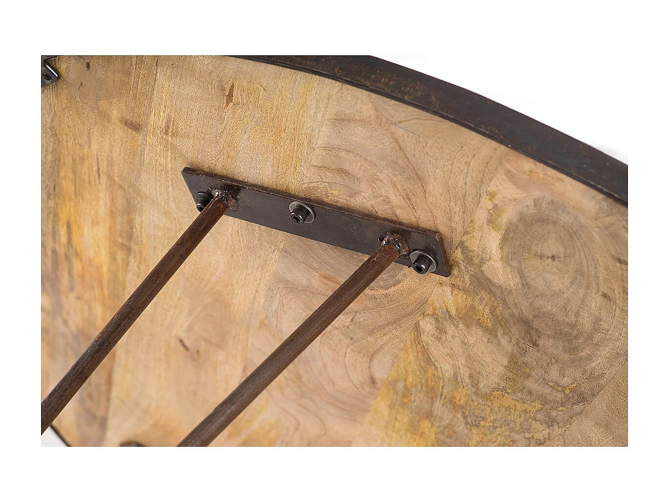 Table à manger ronde industrielle bois manguier massif et métal D125 cm ATELIER