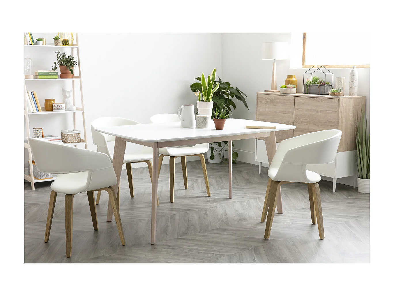 Table à manger scandinave blanc et bois clair rectangulaire L150 cm LEENA