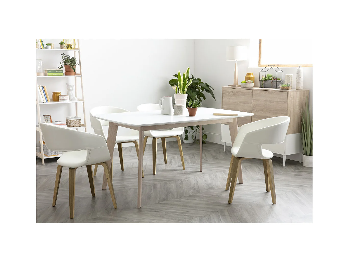 Table à manger scandinave blanc et bois clair rectangulaire L150 cm LEENA