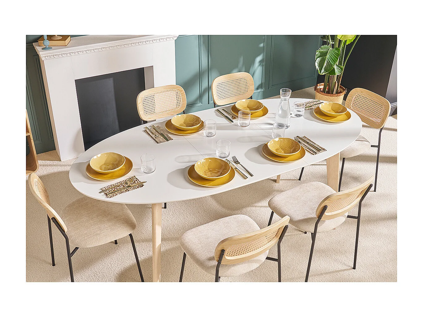 Table à manger extensible ovale blanche et bois clair L150-200 cm LEENA