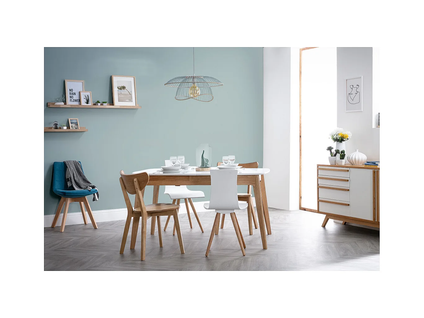 Table extensible rallonges intégrées rectangulaire blanc et bois L140-180 cm MEENA
