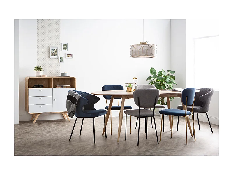 Chaise design en tissu velours bleu foncé et métal noir REQUIEM