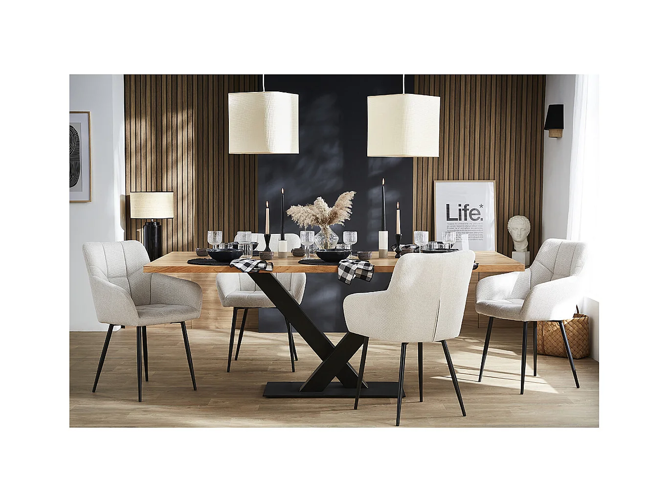 Chaises design matelassées en tissu velours texturé gris et métal noir (lot de 2) MONTERO