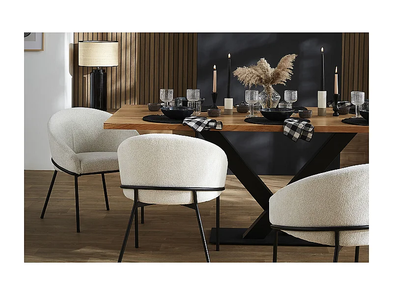 Chaise design en tissu velours chenille blanc cassé et métal noir JENNA