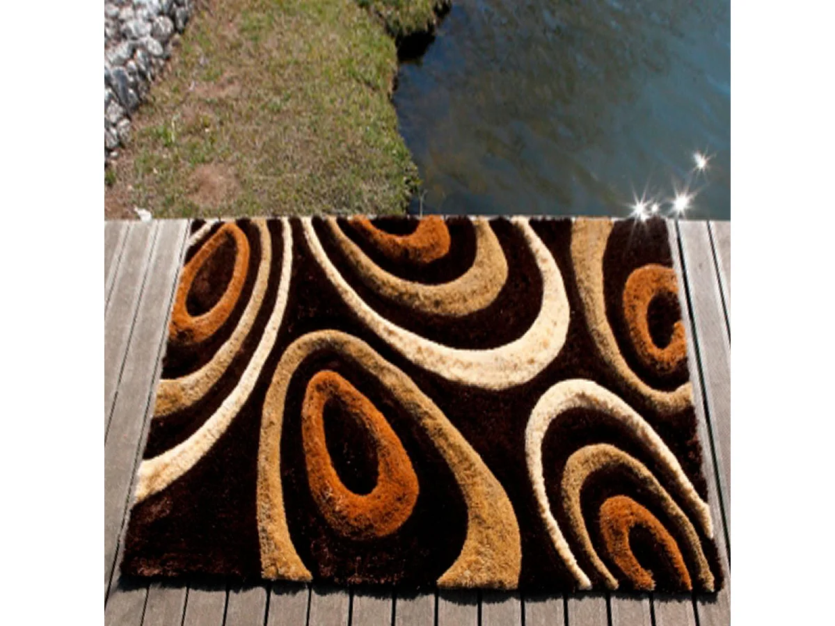 Tapis shaggy 200x300 rectangle fait main marron motif rond TSUNAMI