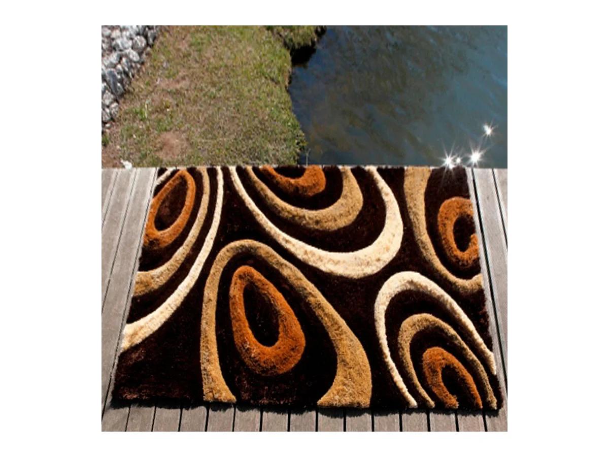 Tapis shaggy 200x300 rectangle fait main marron motif rond TSUNAMI
