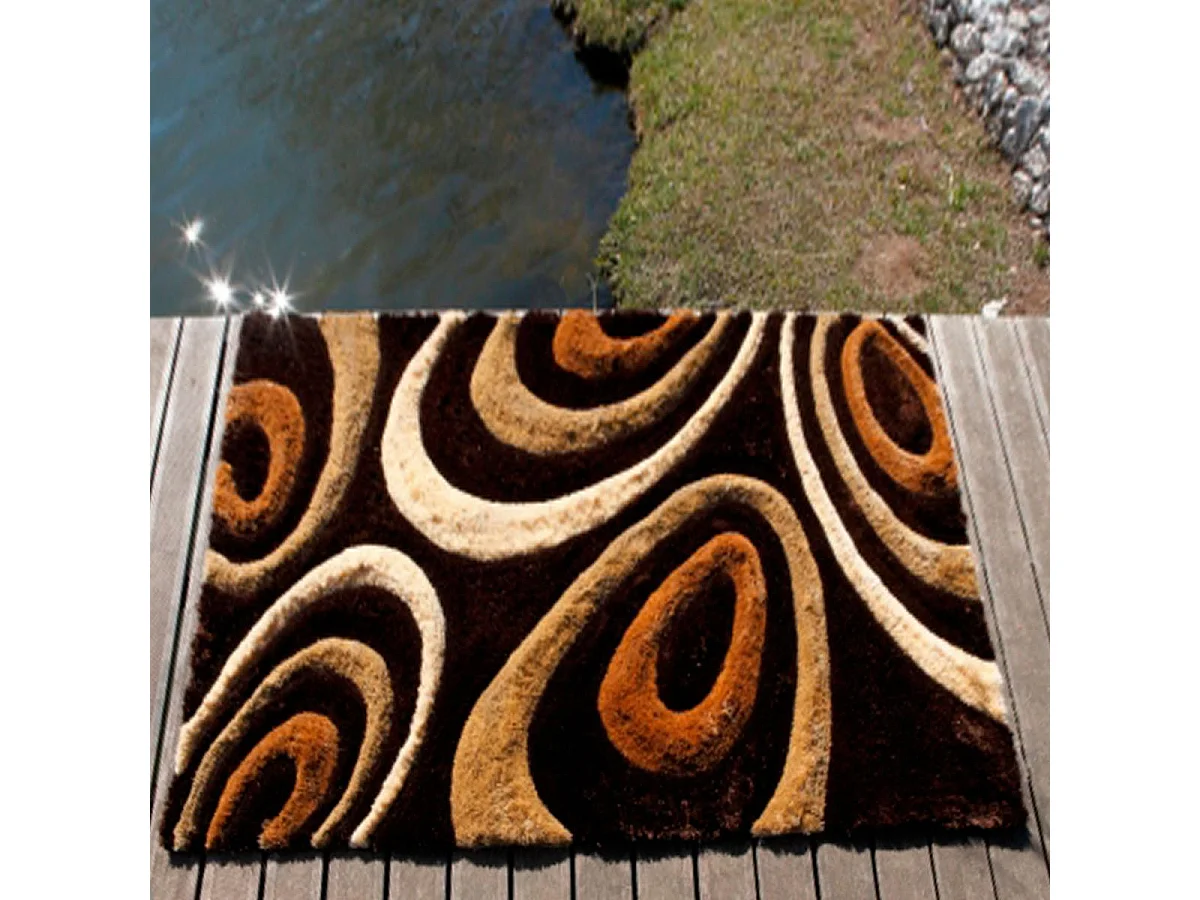 Tapis shaggy 200x300 rectangle fait main marron motif rond TSUNAMI