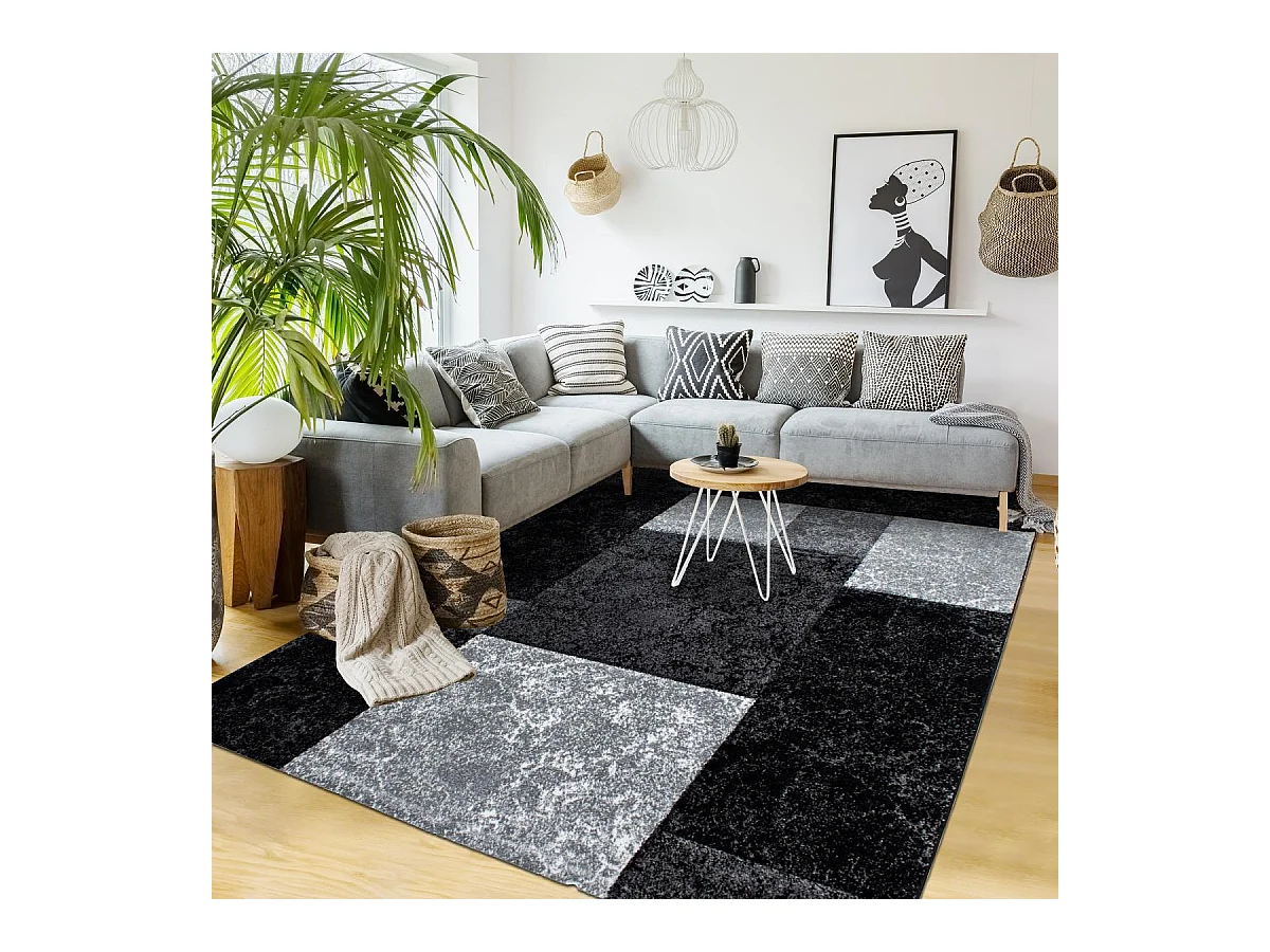 tapis grand salon 200x290 tissé noir et gris rectangle motif géométrique