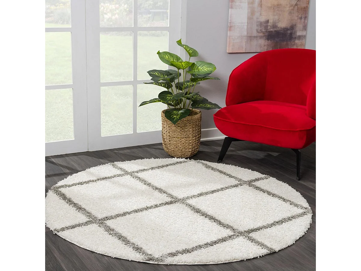 Tapis longs poils shaggy Ø200cm rond tissé crème motif scandinave SG MADRAG