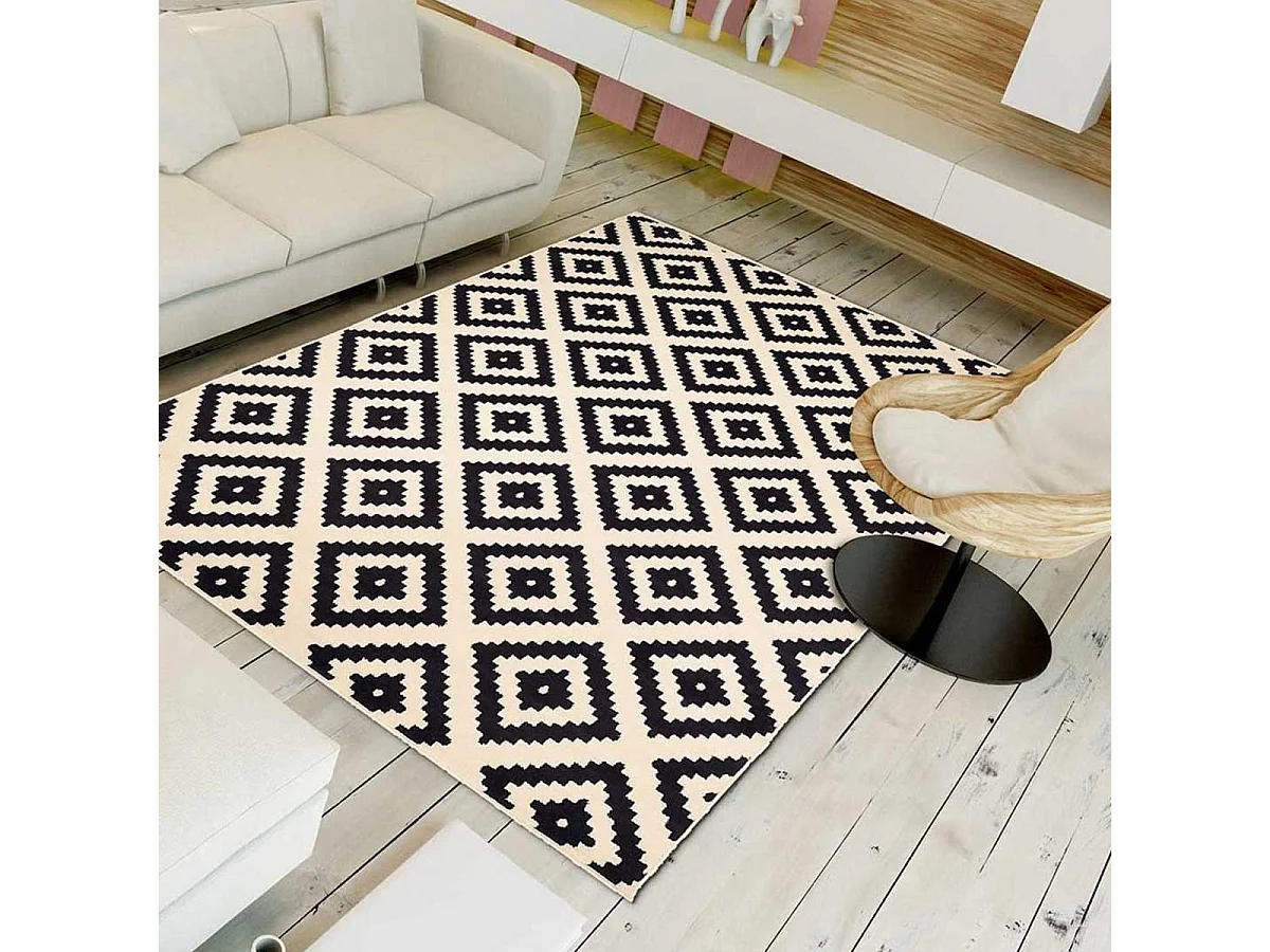 tapis salon 140x200 tissé crème rectangle motif scandinave LYN1 ROMA