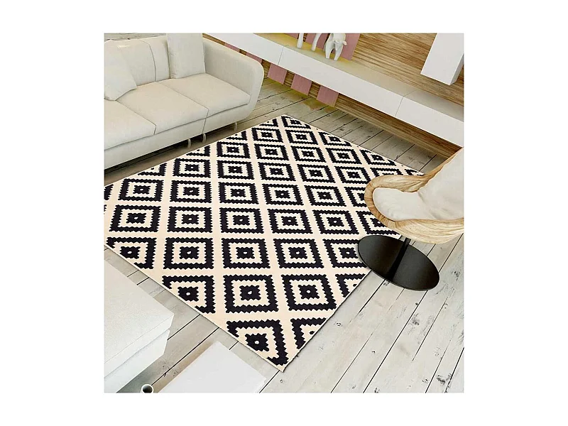 tapis salon 140x200 tissé crème rectangle motif scandinave LYN1 ROMA