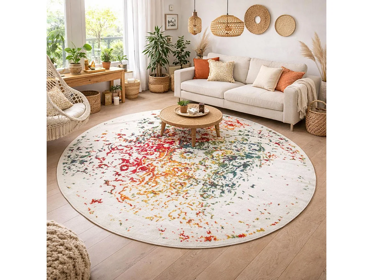 Tapis oriental Ø120cm rond multicolore tissé motif ancestral DESTRUCT 2