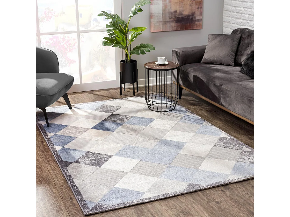 alfombra de salón 200x280 tejida con motivos geométricos rectangulares en gris claro y gris oscuro