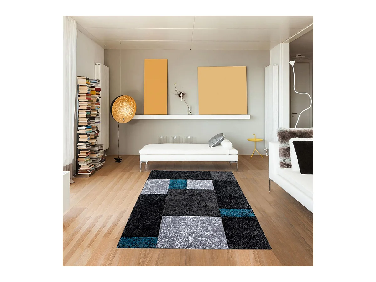Tapis de couloir 80x300 tissé motif géométrique CARARELLE turquoise et gris