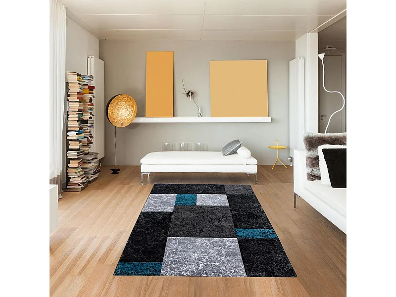 Tapis de couloir 80x300 tissé motif géométrique CARARELLE turquoise et gris