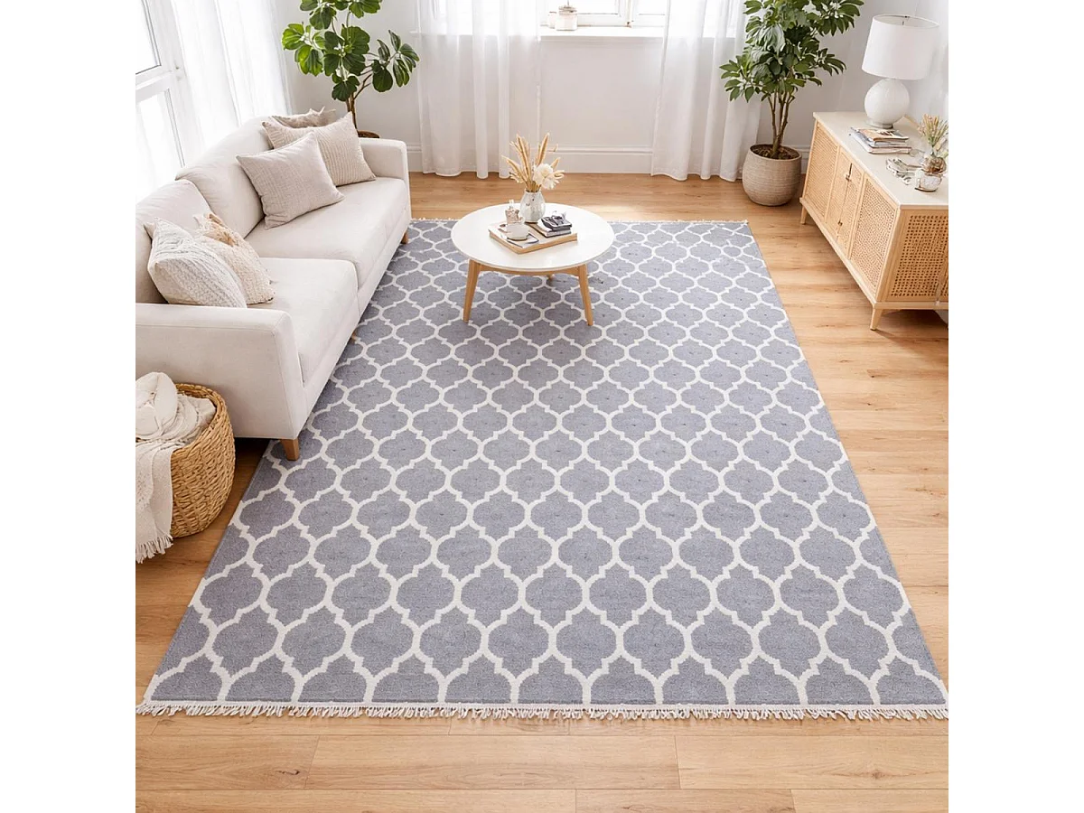 Tapis kilim 80x150 rectangle fait main en laine gris motif scandinave LYN12 AFRIRA